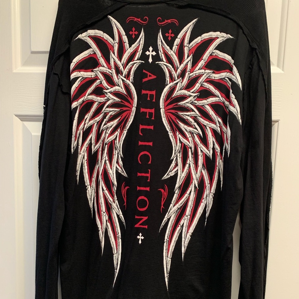 Affliction Black Long Sleeve Tee with Red and White Wing Graphic
